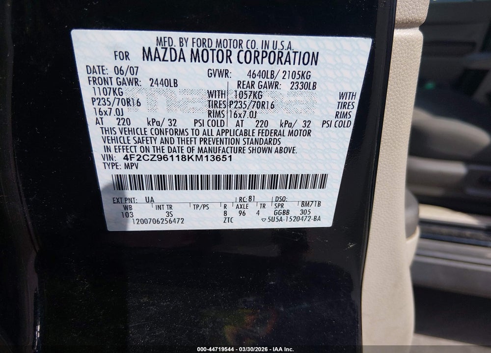 2008 MAZDA TRIBUTE S TOURING VIN: 4F2CZ96118KM13651