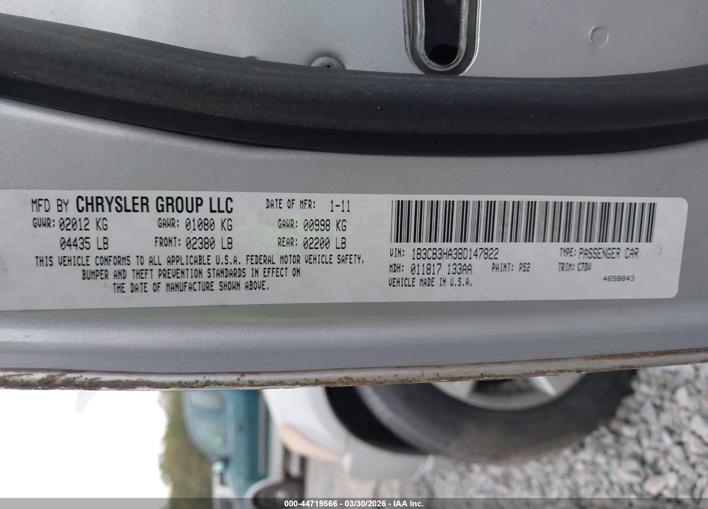 2011 DODGE CALIBER MAINSTREET VIN: 1B3CB3HA3BD147822