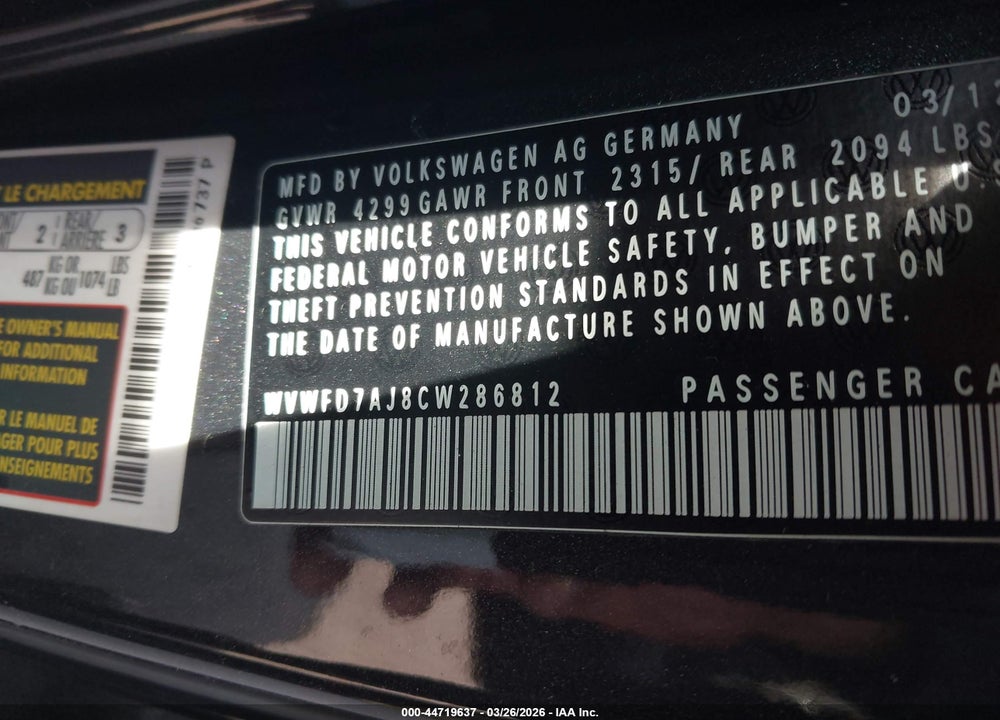 2012 VOLKSWAGEN GTI 2-DOOR VIN: WVWFD7AJ8CW286812