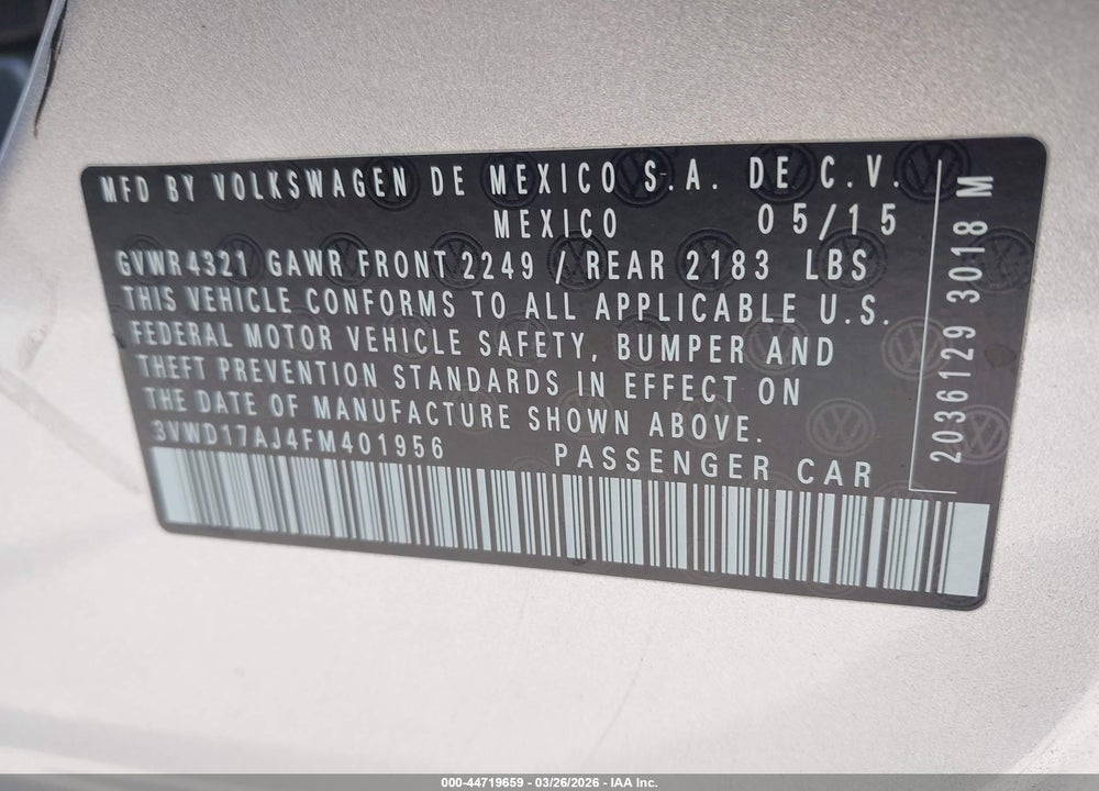 2015 VOLKSWAGEN JETTA 1.8T SE VIN: 3VWD17AJ4FM401956