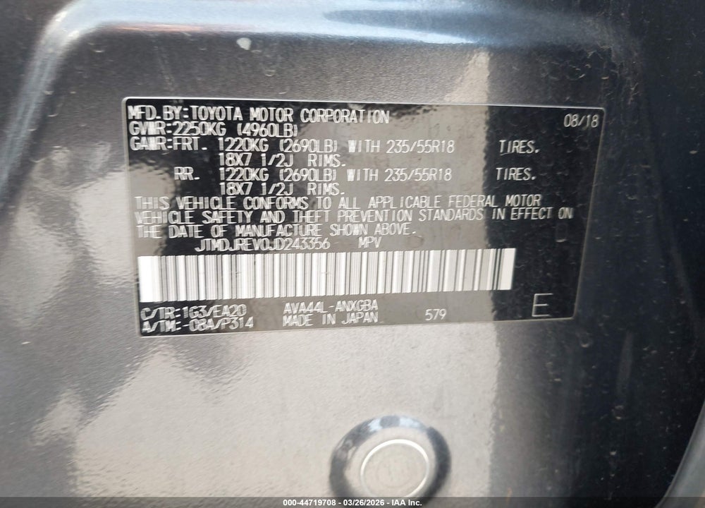 2018 TOYOTA RAV4 HYBRID LIMITED VIN: JTMDJREV0JD243356