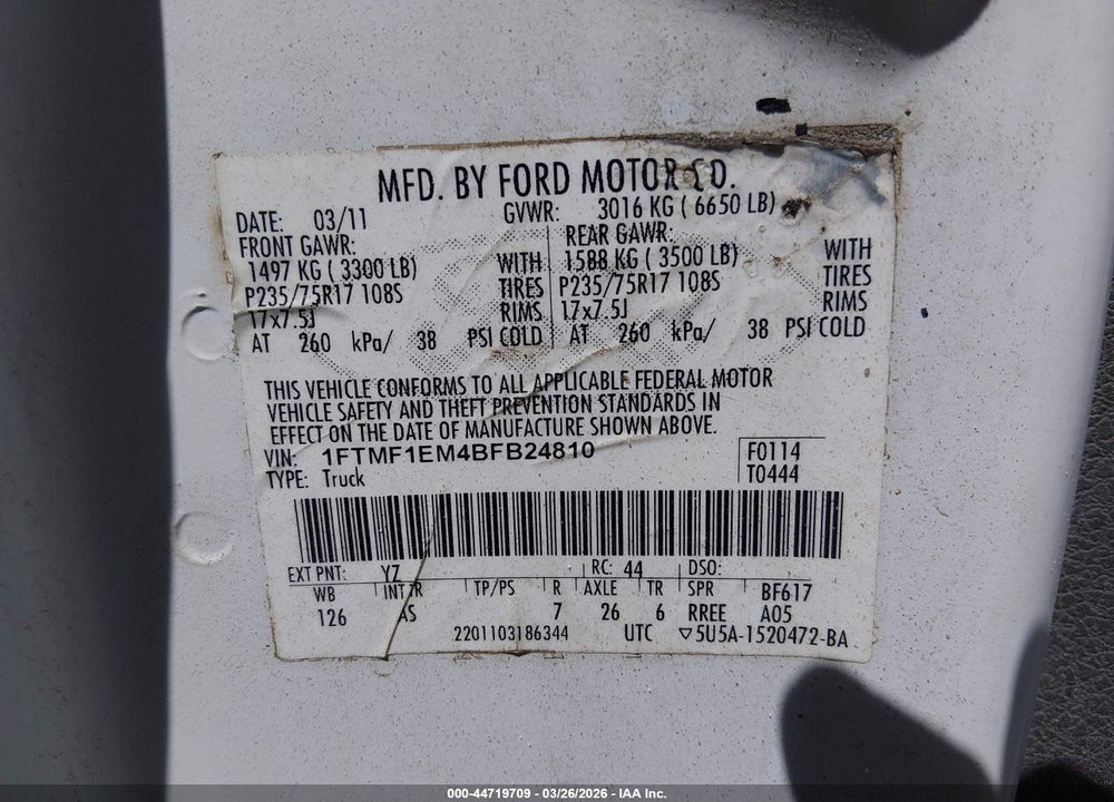 2011 FORD F-150 XL VIN: 1FTMF1EM4BFB24810