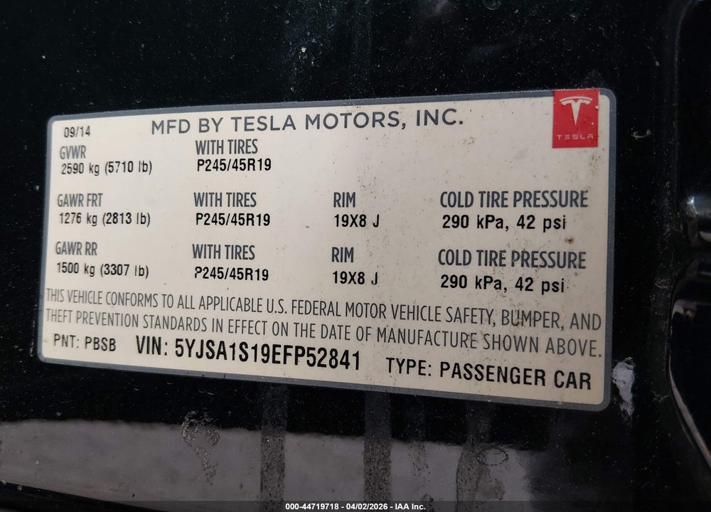 2014 TESLA MODEL S VIN: 5YJSA1S19EFP52841