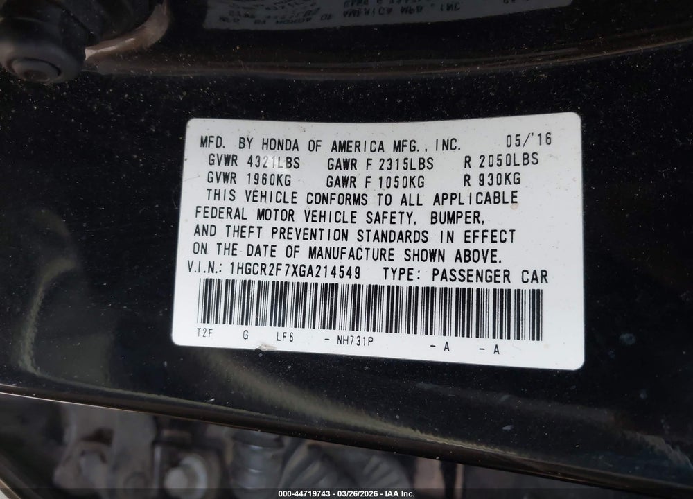 2016 HONDA ACCORD EX VIN: 1HGCR2F7XGA214549