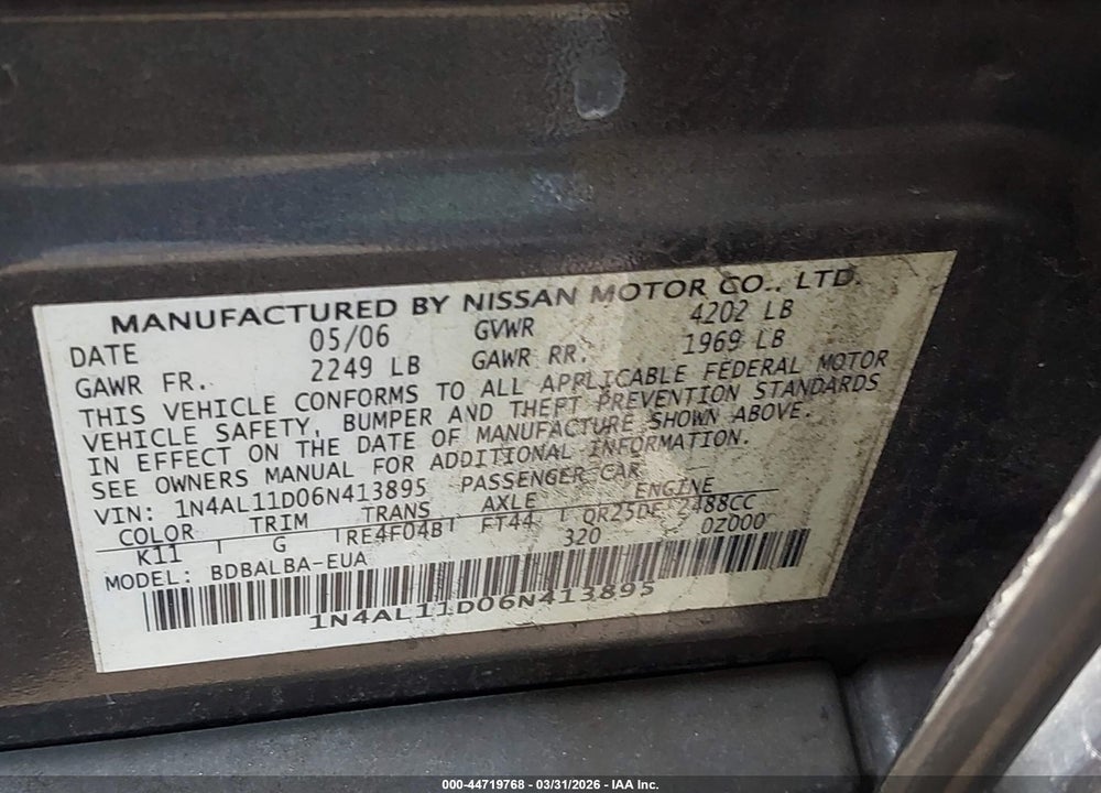 2006 NISSAN ALTIMA 2.5 S VIN: 1N4AL11D06N413895