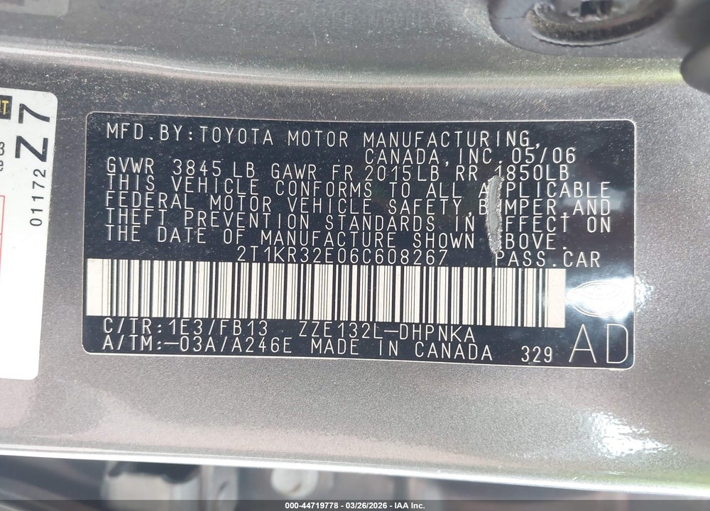 2006 TOYOTA MATRIX XR VIN: 2T1KR32E06C608267