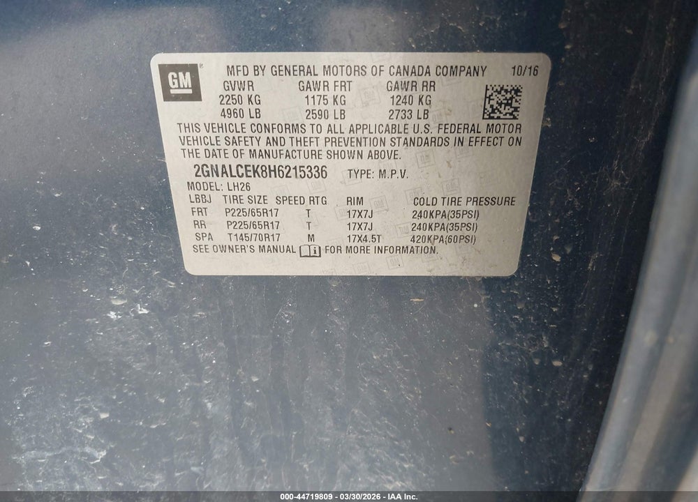 2017 CHEVROLET EQUINOX LT VIN: 2GNALCEK8H6215336