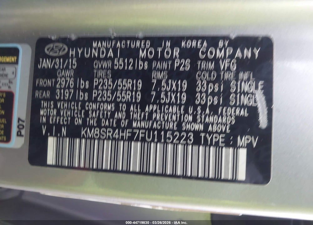 2015 HYUNDAI SANTA FE LIMITED VIN: KM8SR4HF7FU115223