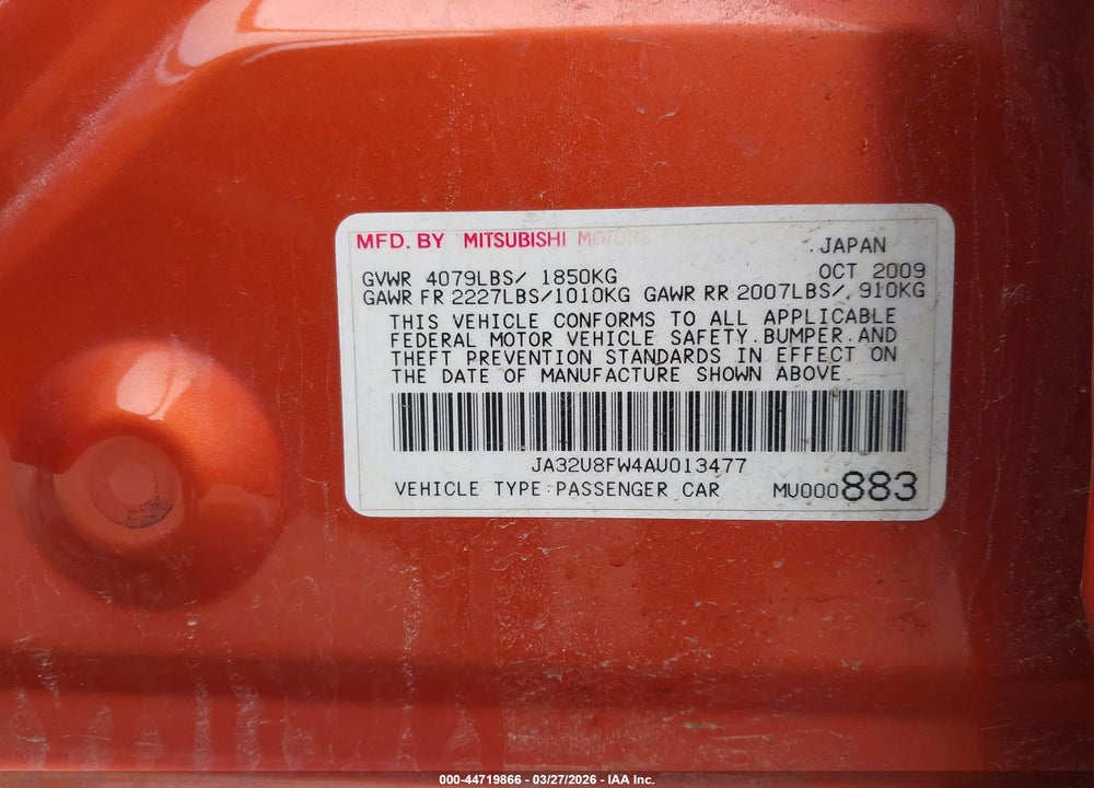2010 MITSUBISHI LANCER GTS VIN: JA32U8FW4AU013477