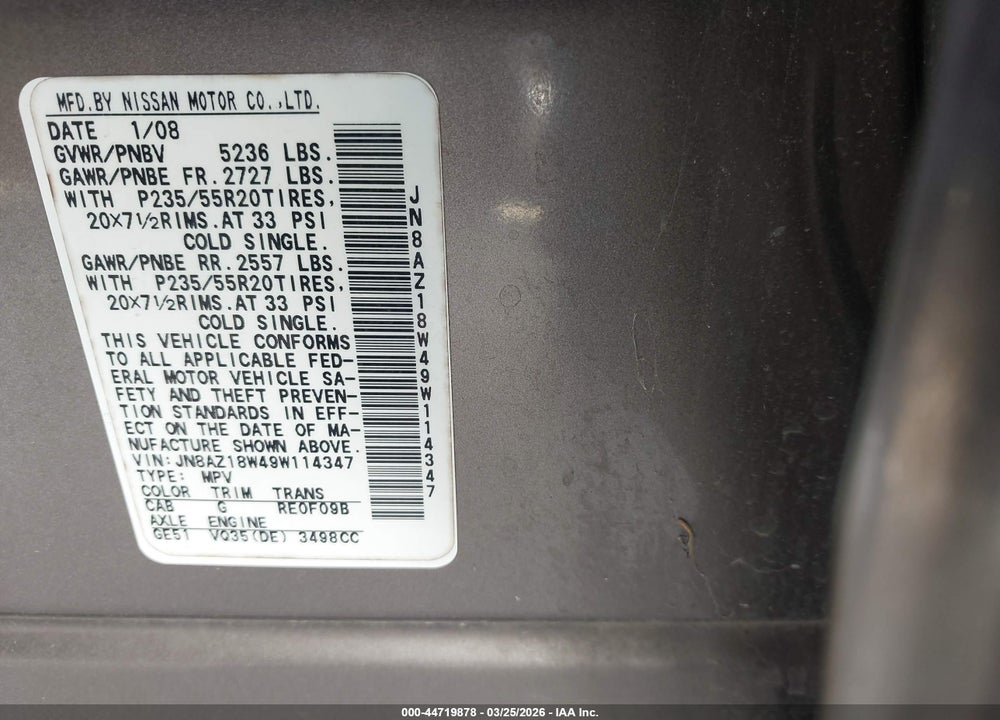 2009 NISSAN MURANO LE VIN: JN8AZ18W49W114347