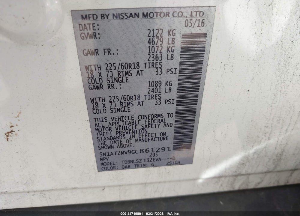 2016 NISSAN ROGUE SL VIN: 5N1AT2MV9GC861291
