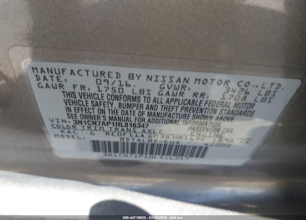 2017 NISSAN VERSA 1.6 SV VIN: 3N1CN7AP1HL816347