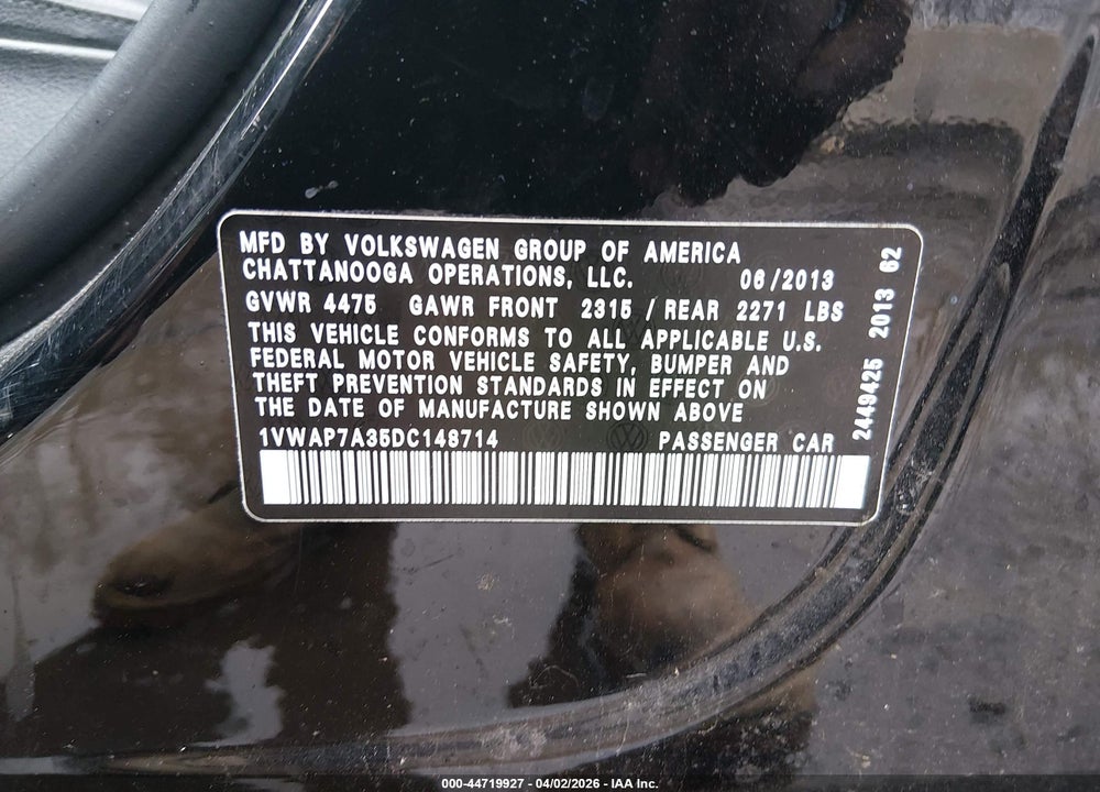 2013 VOLKSWAGEN PASSAT 2.5L WOLFSBURG EDITION VIN: 1VWAP7A35DC148714