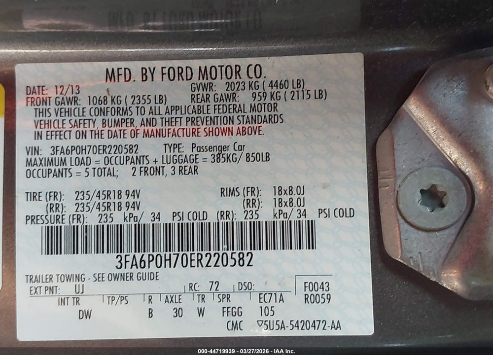 2014 FORD FUSION SE VIN: 3FA6P0H70ER220582