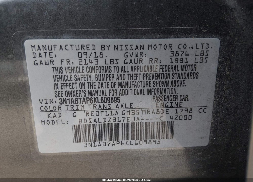 2019 NISSAN SENTRA SV VIN: 3N1AB7AP6KL609895