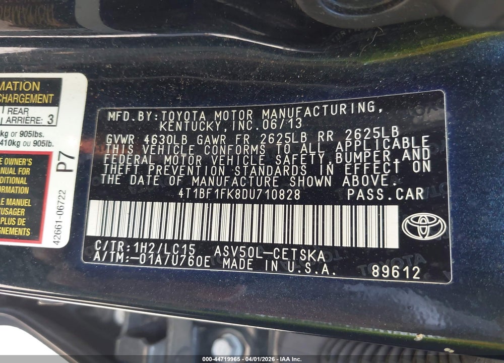 2013 TOYOTA CAMRY SE VIN: 4T1BF1FK8DU710828
