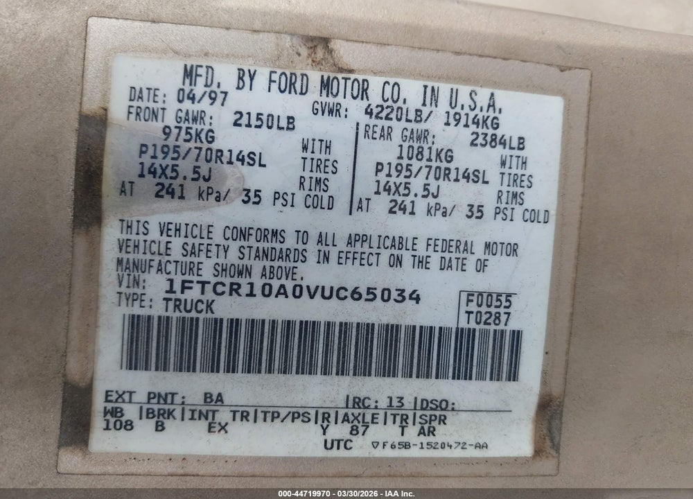 1997 FORD RANGER SPLASH/XL/XLT VIN: 1FTCR10A0VUC65034