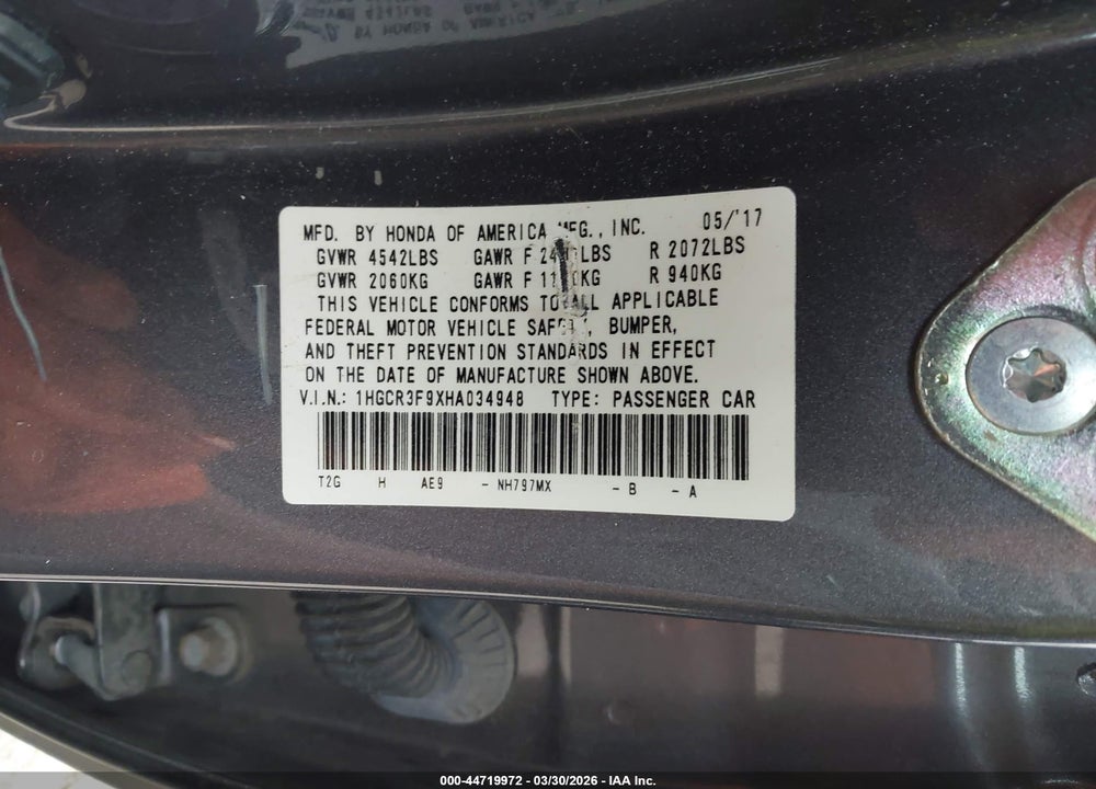 2017 HONDA ACCORD TOURING V6 VIN: 1HGCR3F9XHA034948