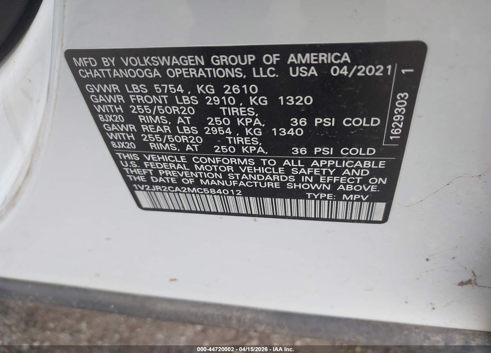 2021 VOLKSWAGEN ATLAS 3.6L V6 SE W/TECHNOLOGY VIN: 1V2JR2CA2MC584012
