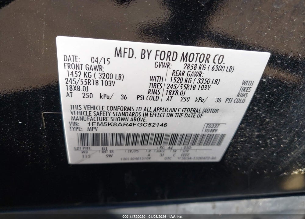 2015 FORD UTILITY POLICE INTERCEPTOR VIN: 1FM5K8AR4FGC52146