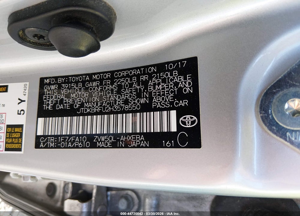 2017 TOYOTA PRIUS TWO VIN: JTDKBRFU2H3578550