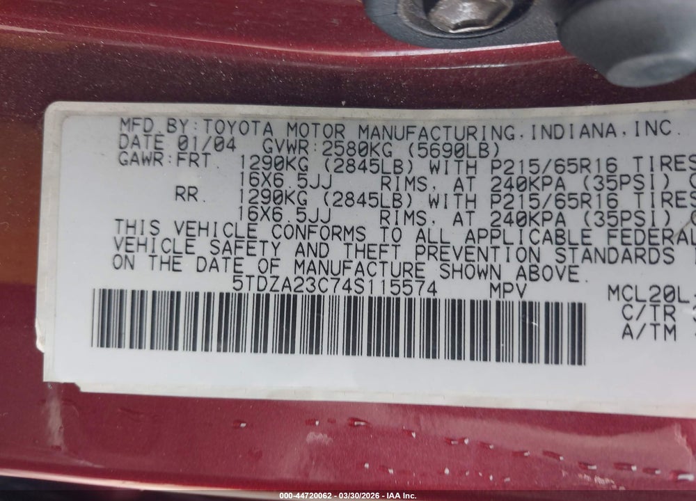 2004 TOYOTA SIENNA LE VIN: 5TDZA23C74S115574