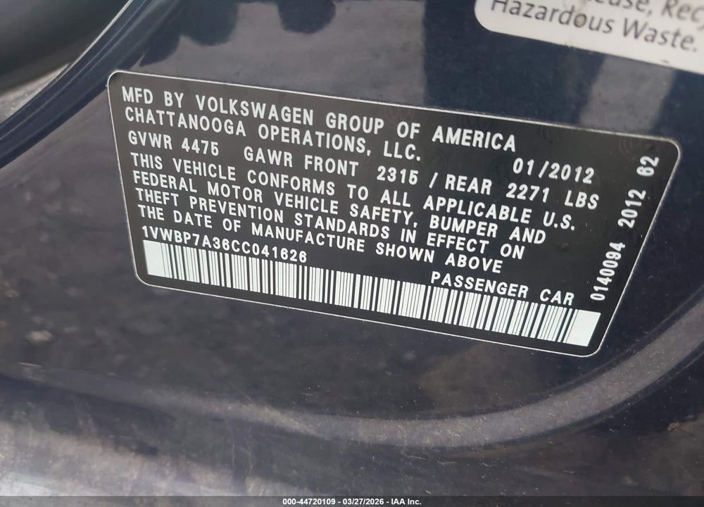2012 VOLKSWAGEN PASSAT 2.5L SE VIN: 1VWBP7A36CC041626