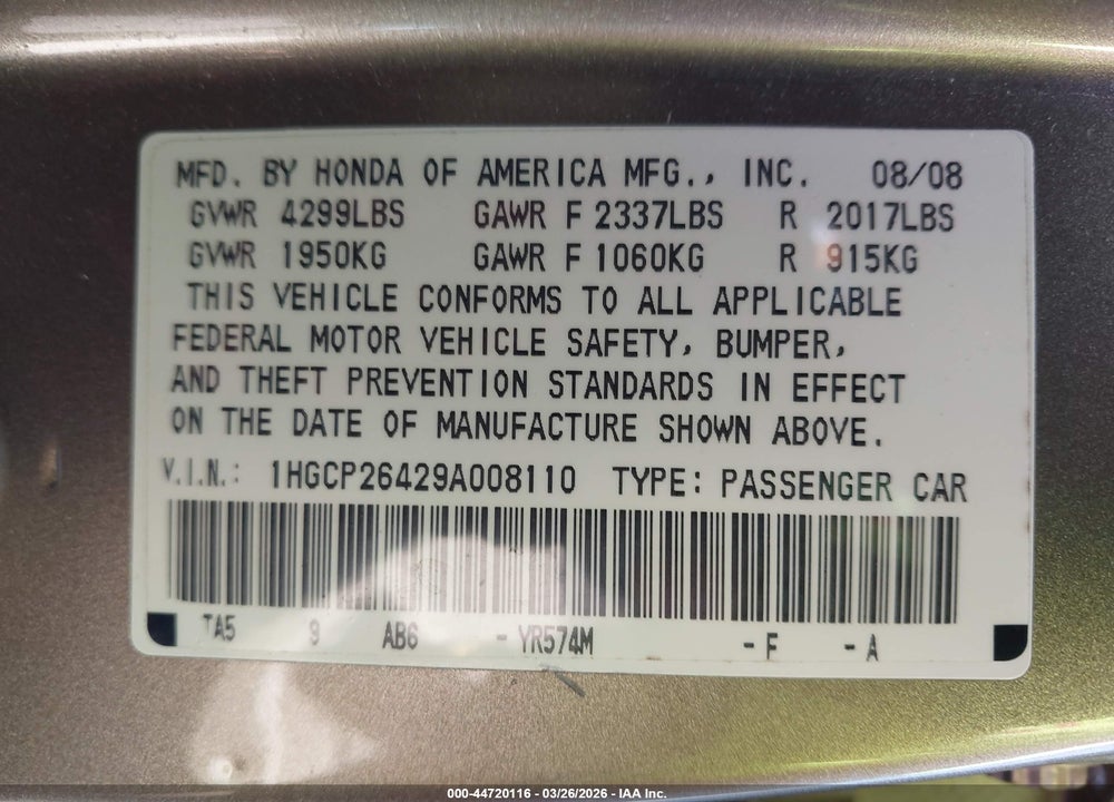 2009 HONDA ACCORD 2.4 LX-P VIN: 1HGCP26429A008110