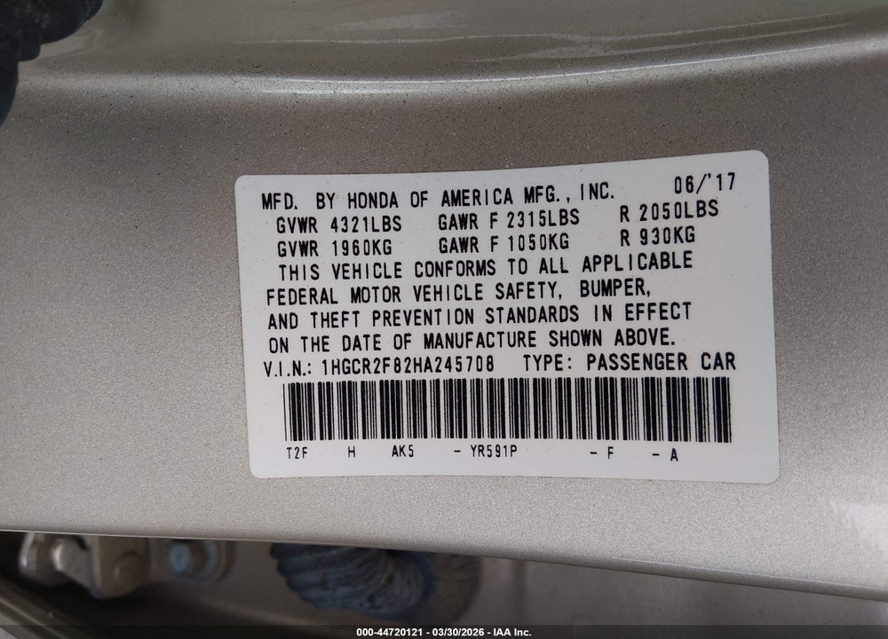 2017 HONDA ACCORD EX-L VIN: 1HGCR2F82HA245708