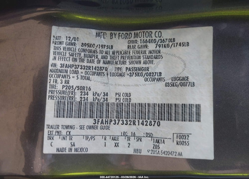 2002 FORD FOCUS ZX5 VIN: 3FAHP37332R142870