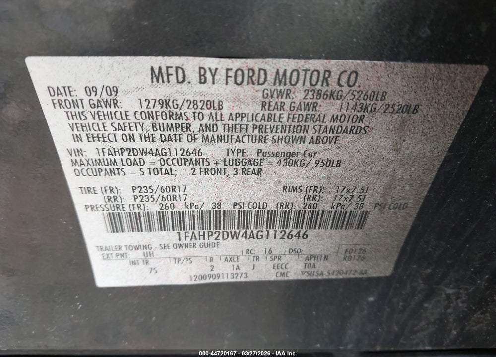 2010 FORD TAURUS SE VIN: 1FAHP2DW4AG112646