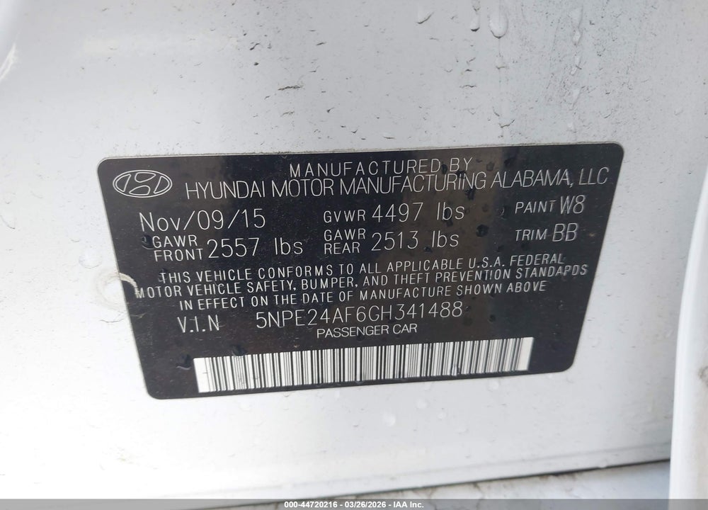 2016 HYUNDAI SONATA SE VIN: 5NPE24AF6GH341488