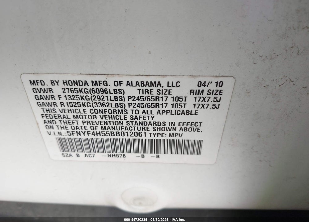 2011 HONDA PILOT EX-L VIN: 5FNYF4H55BB012061
