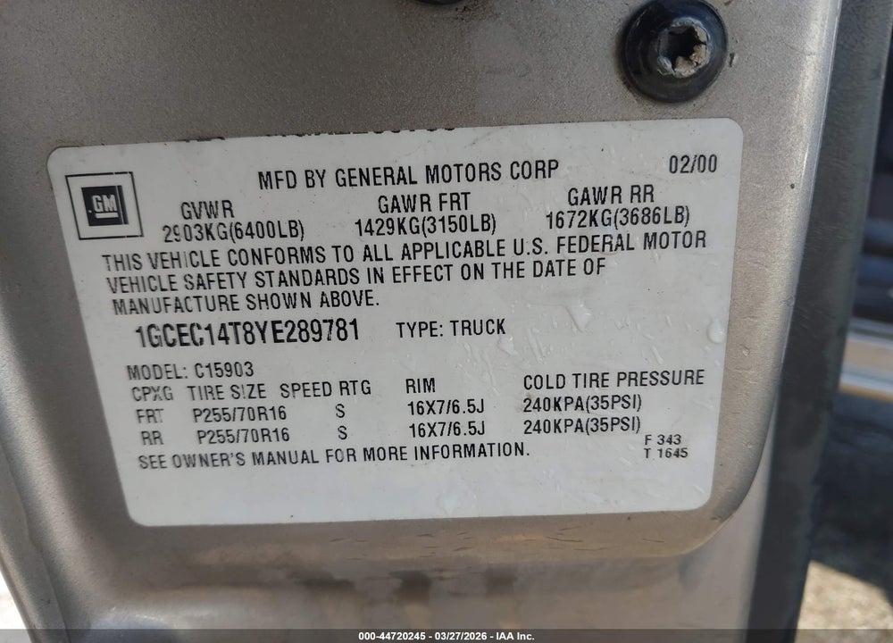 2000 CHEVROLET SILVERADO 1500 LS VIN: 1GCEC14T8YE289781