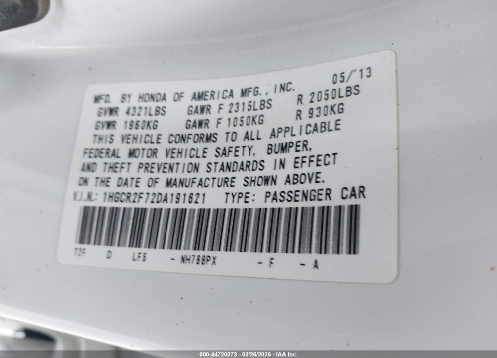 2013 HONDA ACCORD EX VIN: 1HGCR2F72DA191621