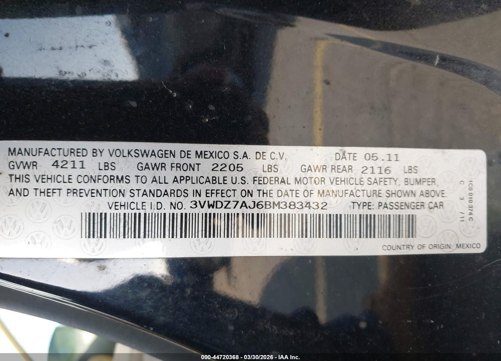 2011 VOLKSWAGEN JETTA 2.5L SE VIN: 3VWDZ7AJ6BM383432