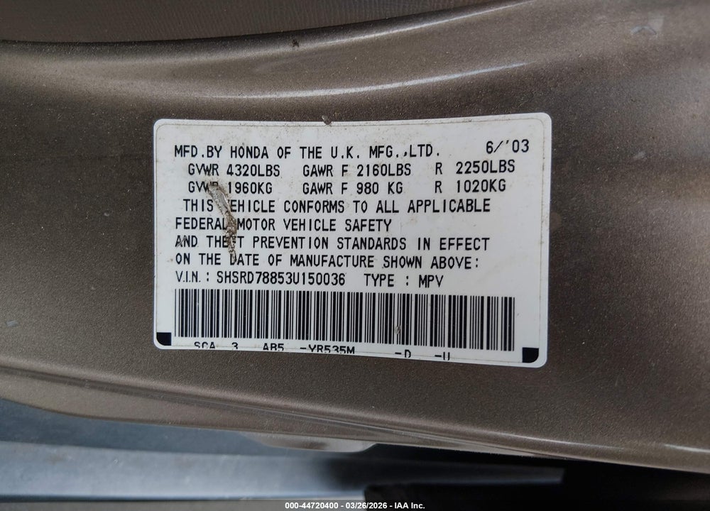 2003 HONDA CR-V EX VIN: SHSRD78853U150036