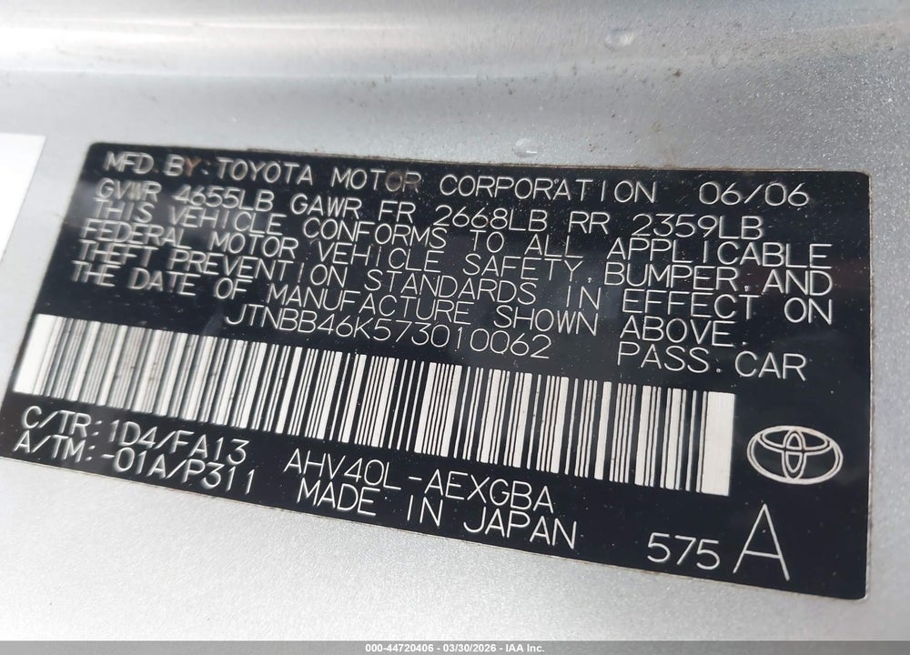 2007 TOYOTA CAMRY HYBRID VIN: JTNBB46K573010062