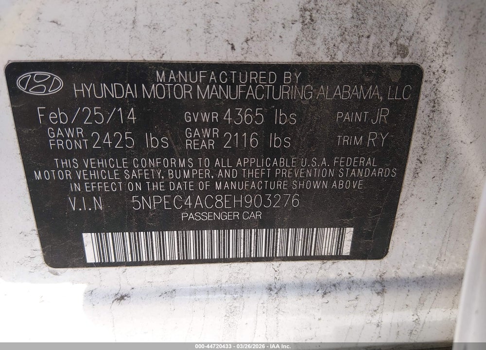 2014 HYUNDAI SONATA SE VIN: 5NPEC4AC8EH903276