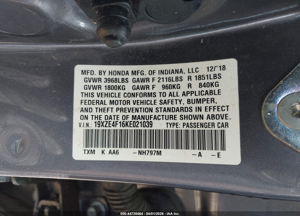 2019 HONDA INSIGHT LX VIN: 19XZE4F16KE021039