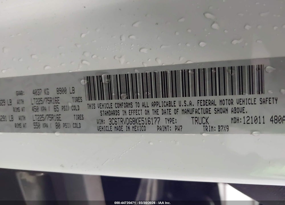 2019 RAM PROMASTER 2500 HIGH ROOF 159 WB VIN: 3C6TRVDG8KE516177