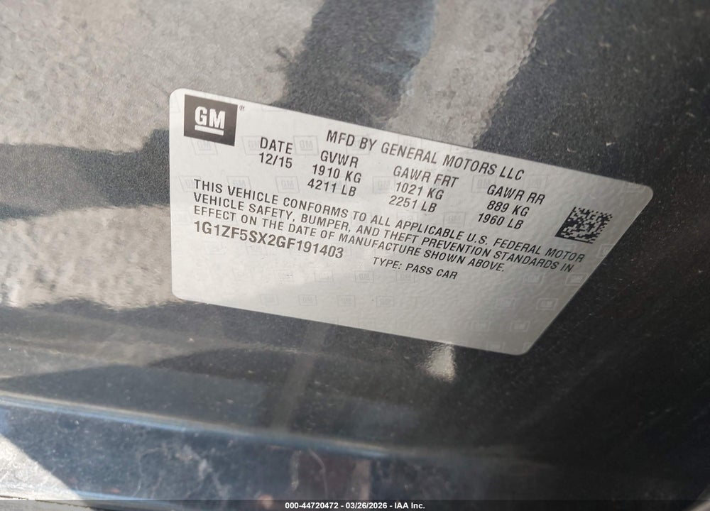 2016 CHEVROLET MALIBU 2LT VIN: 1G1ZF5SX2GF191403