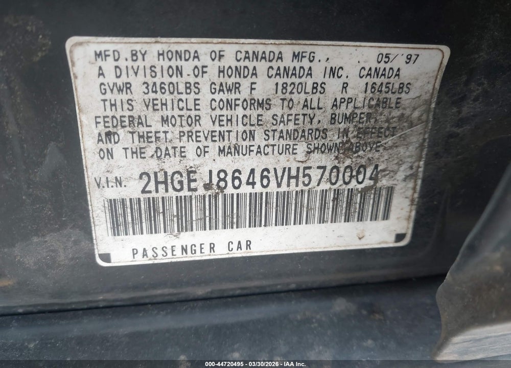 1997 HONDA CIVIC EX VIN: 2HGEJ8646VH570004
