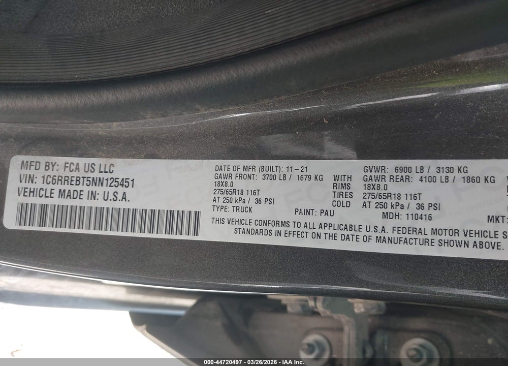 2022 RAM 1500 VIN: 1C6RREBT5NN125451