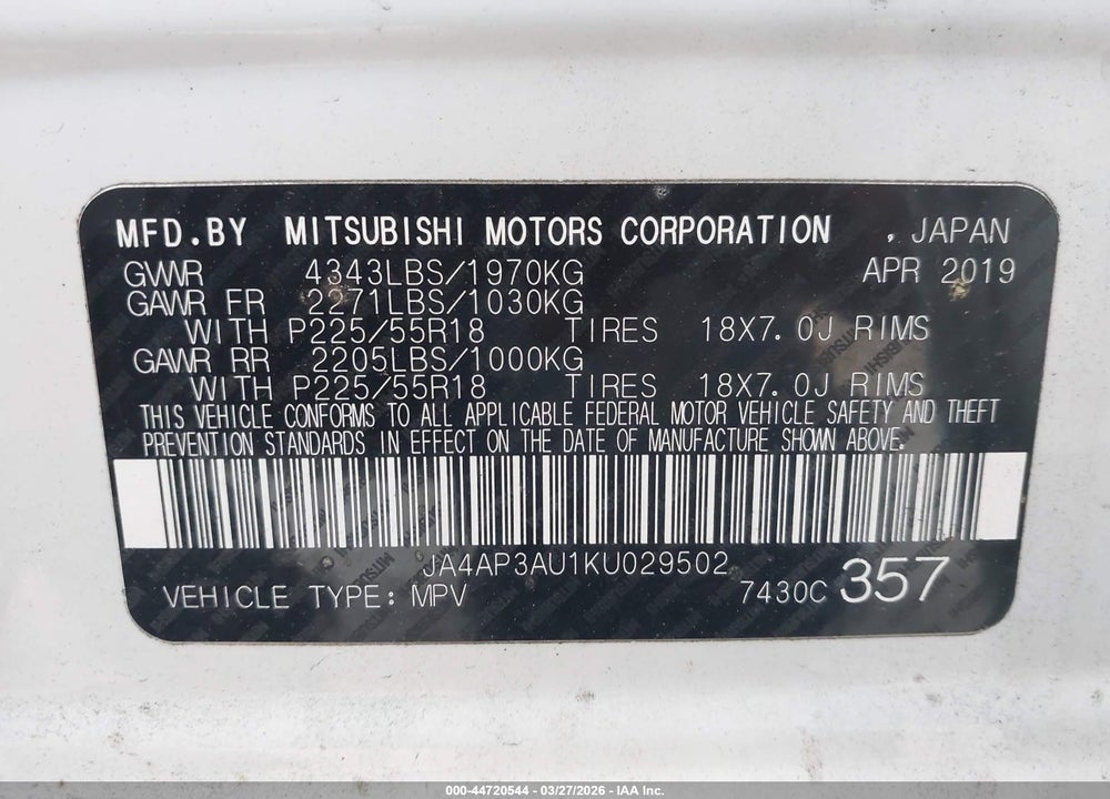2019 MITSUBISHI OUTLANDER SPORT 2.0 ES VIN: JA4AP3AU1KU029502