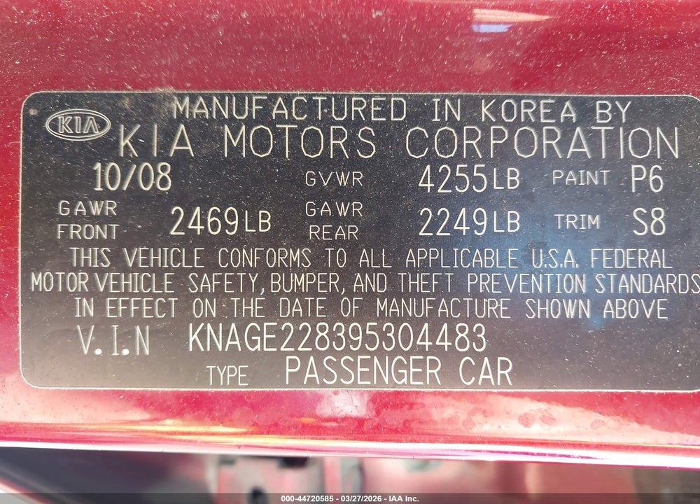 2009 KIA OPTIMA LX VIN: KNAGE228395304483