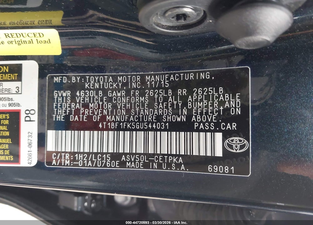 2016 TOYOTA CAMRY XSE VIN: 4T1BF1FK5GU544031