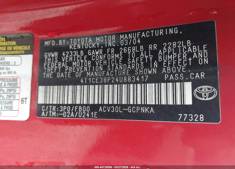 2004 TOYOTA CAMRY SOLARA SE VIN: 4T1CE38P24U883417