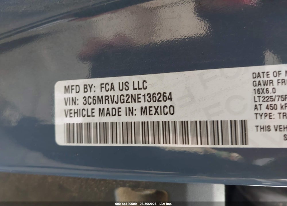 2022 RAM PROMASTER 3500 CARGO VAN HIGH ROOF 159 WB EXT VIN: 3C6MRVJG2NE136264