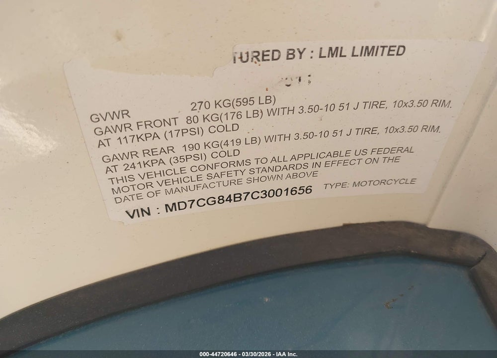 2012 GENUINE SCOOTER CO. STELLA 4-STROKE VIN: MD7CG84B7C3001656